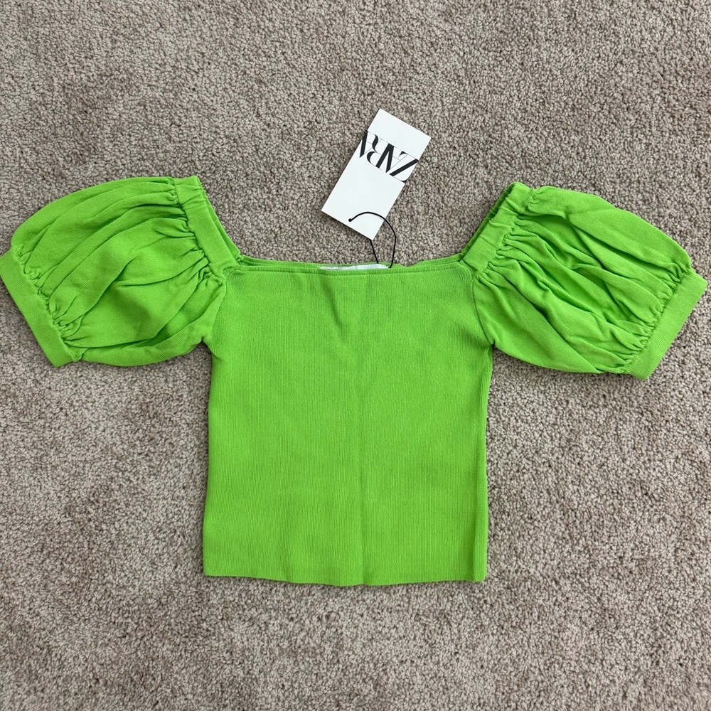 Zara Green Puff Sleeve Square-Neck Top